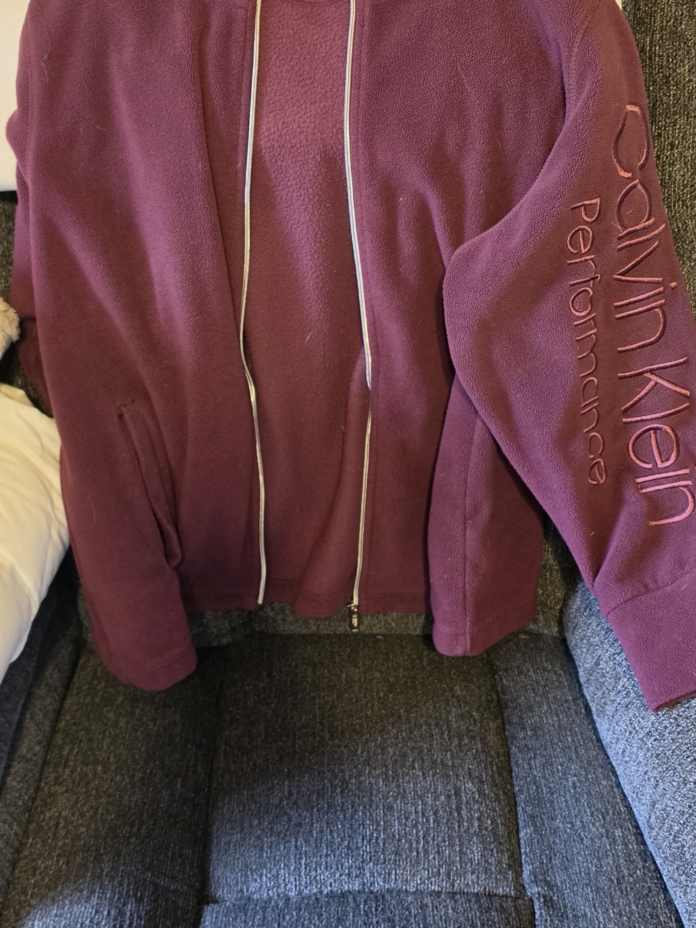 Calvin Klein Maroon Teddy Fleece Jacket with Sleeve Logo